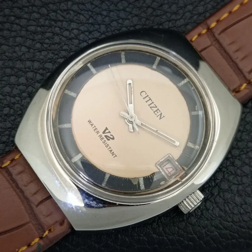 Vintage 1978 Citizen Manual Wound Mens Silver Watch W/Date & Beige accents